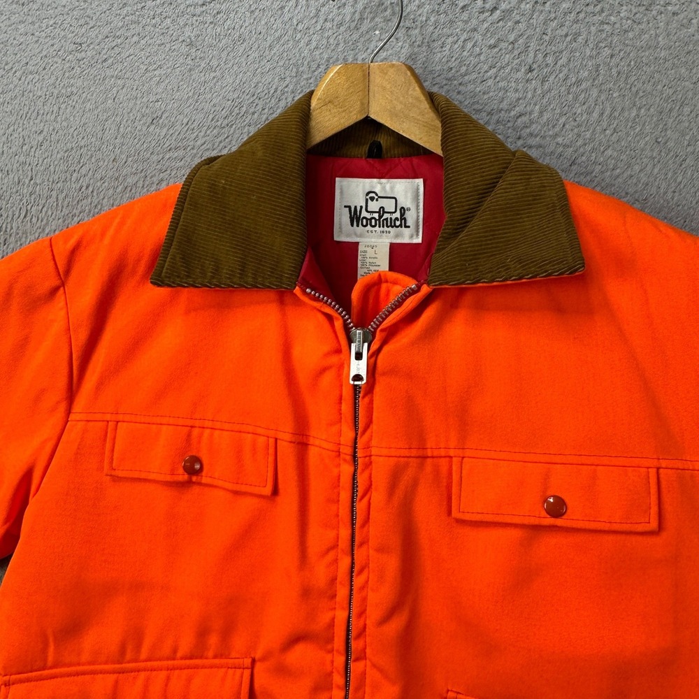 Woolrich Men Large Jacket Hunting Orange Quilted Lined Flap Pocket Field Outdoor - Picture 7 of 10